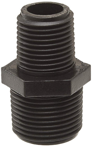Orbit riser adapter connects 1/2 inch to 3/4 inch threads for in-ground irrigation.