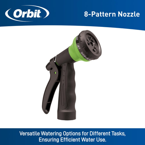 Orbit 8-pattern nozzle enables versatile watering and cleaning tasks.