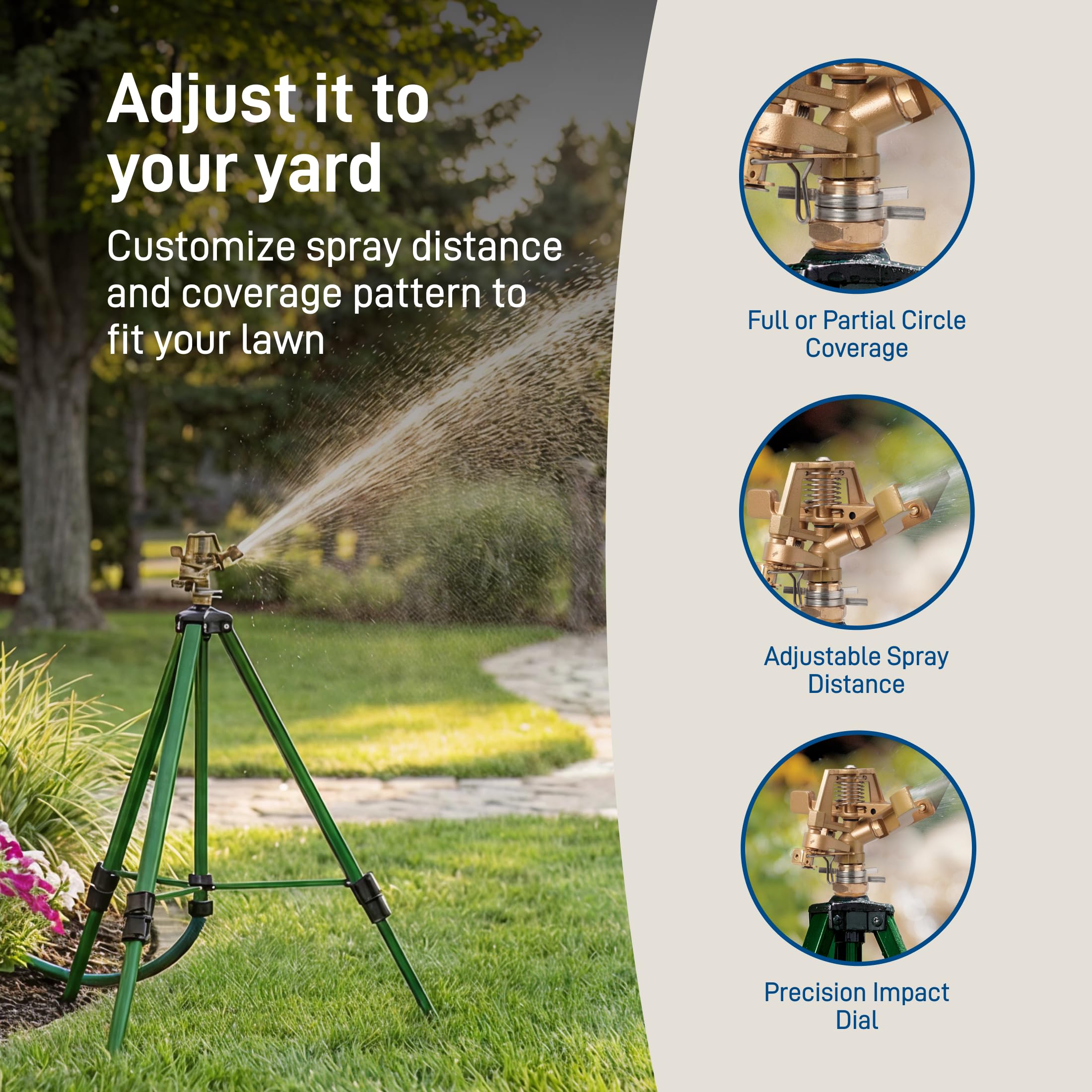 Orbit 360-degree coverage demonstrates full-yard watering capability.