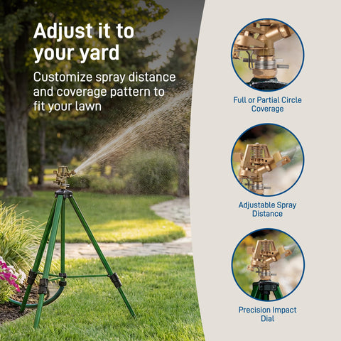 Orbit 360-degree coverage demonstrates full-yard watering capability.