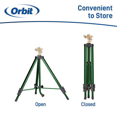 Orbit sprinkler rotates 360 degrees for complete yard watering.