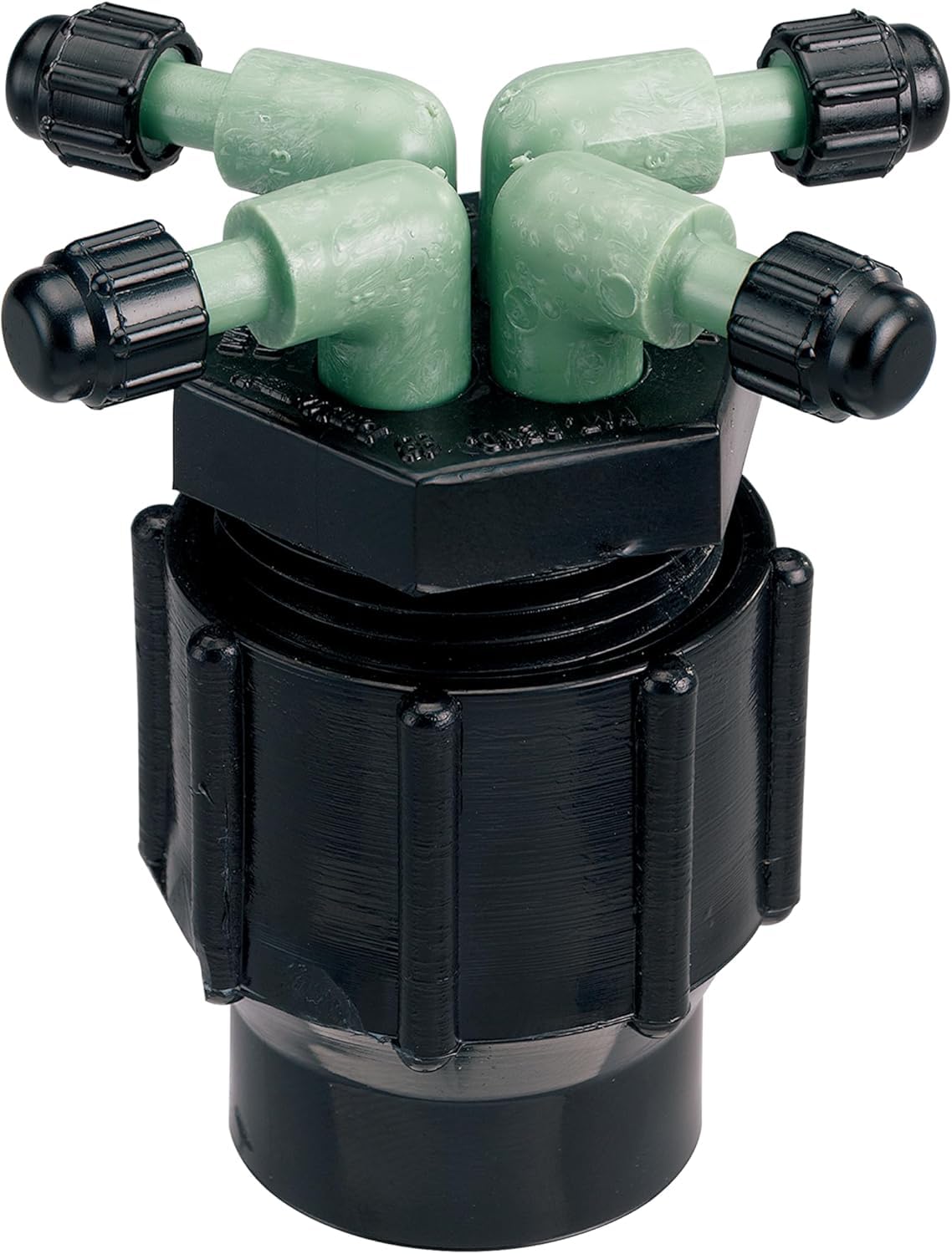 Orbit 4-port full-flow manifold ready for drip irrigation in garden beds