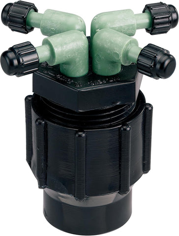 Orbit 4-port full-flow manifold ready for drip irrigation in garden beds