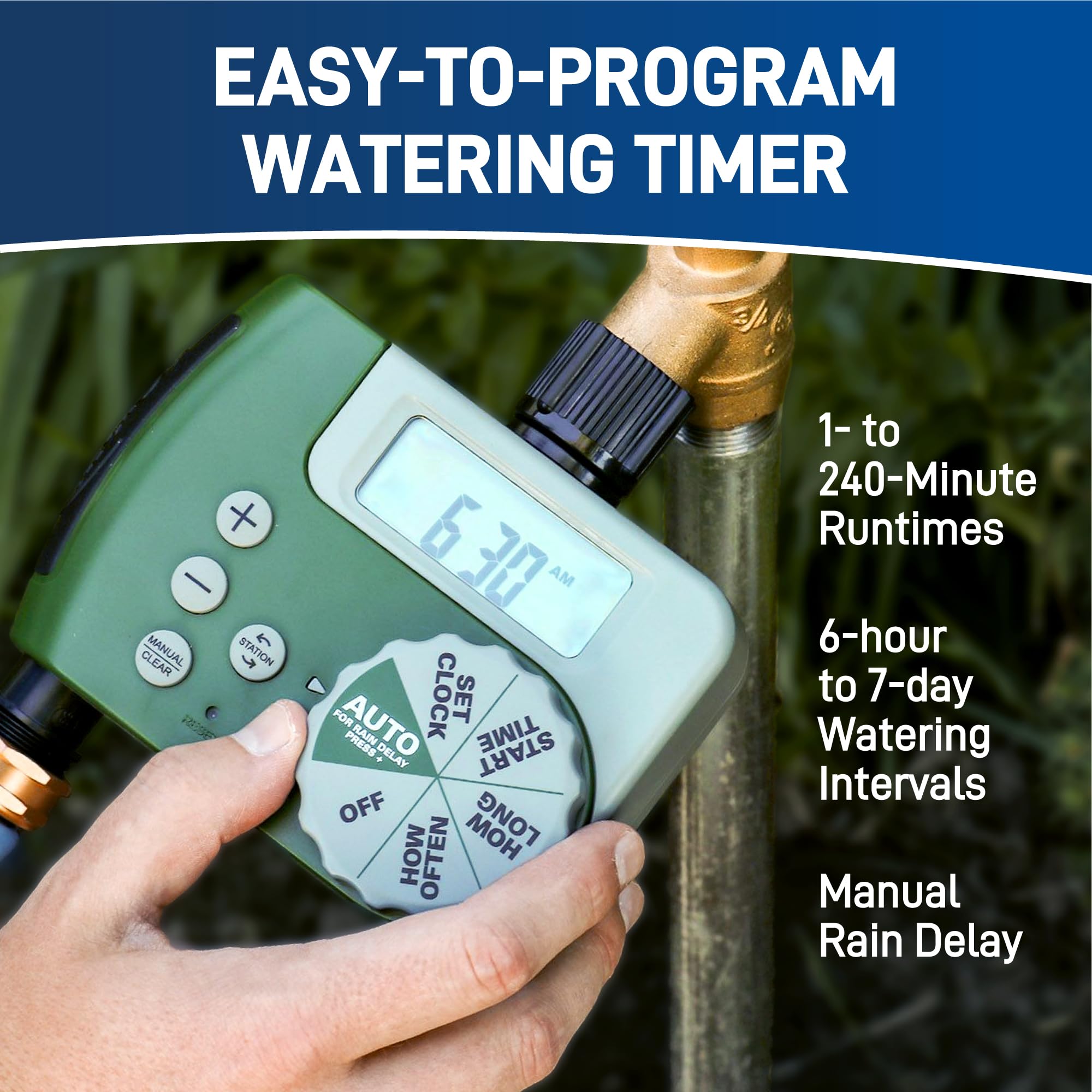 Digital timer enables programmable runtimes and intervals for flexible watering.