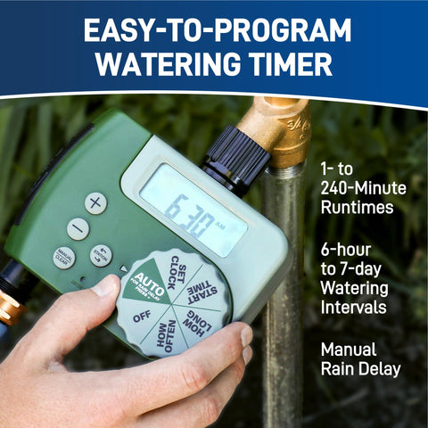 Digital timer enables programmable runtimes and intervals for flexible watering.