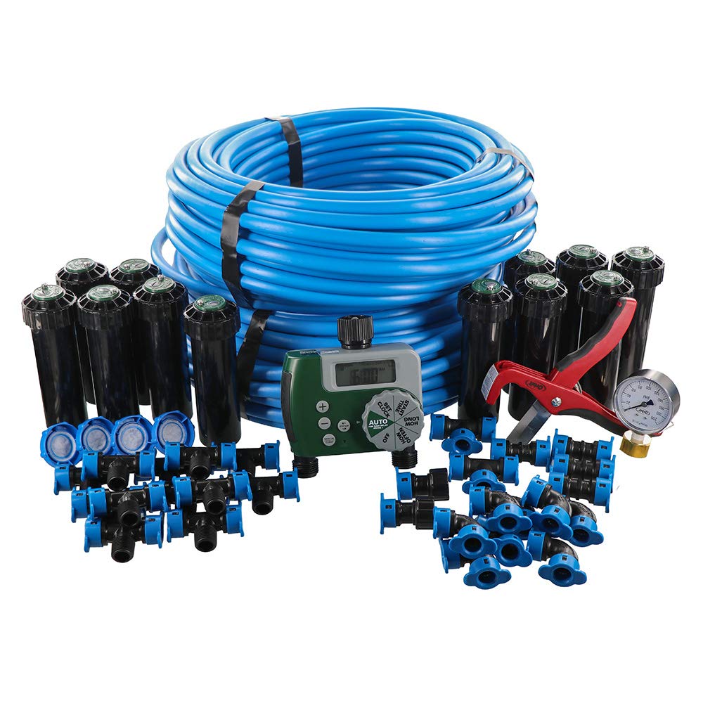 Orbit 50021 two-zone system setup shows quick faucet-to-sprinkler installation.