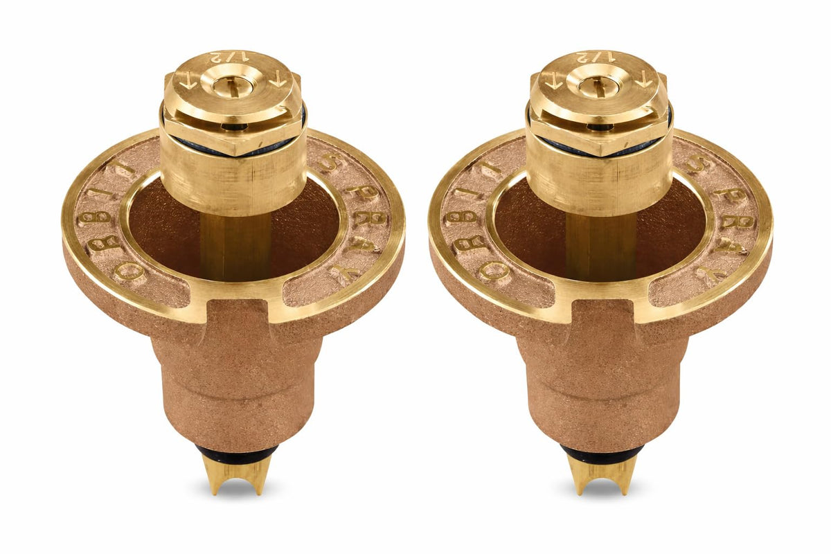 Orbit 54071 brass pop-up sprinkler with half-pattern spray for precise lawn irrigation.