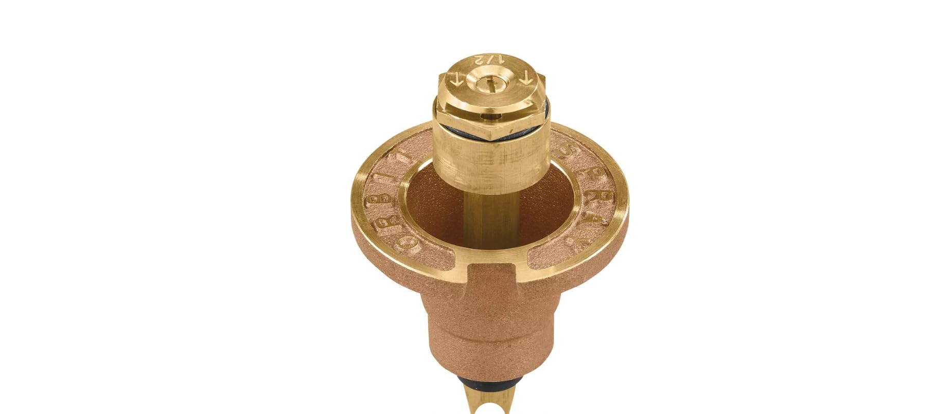 Close-up of Orbit brass pop-up head showing durable construction for landscapes.
