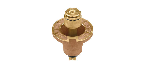 Close-up of Orbit brass pop-up head showing durable construction for landscapes.