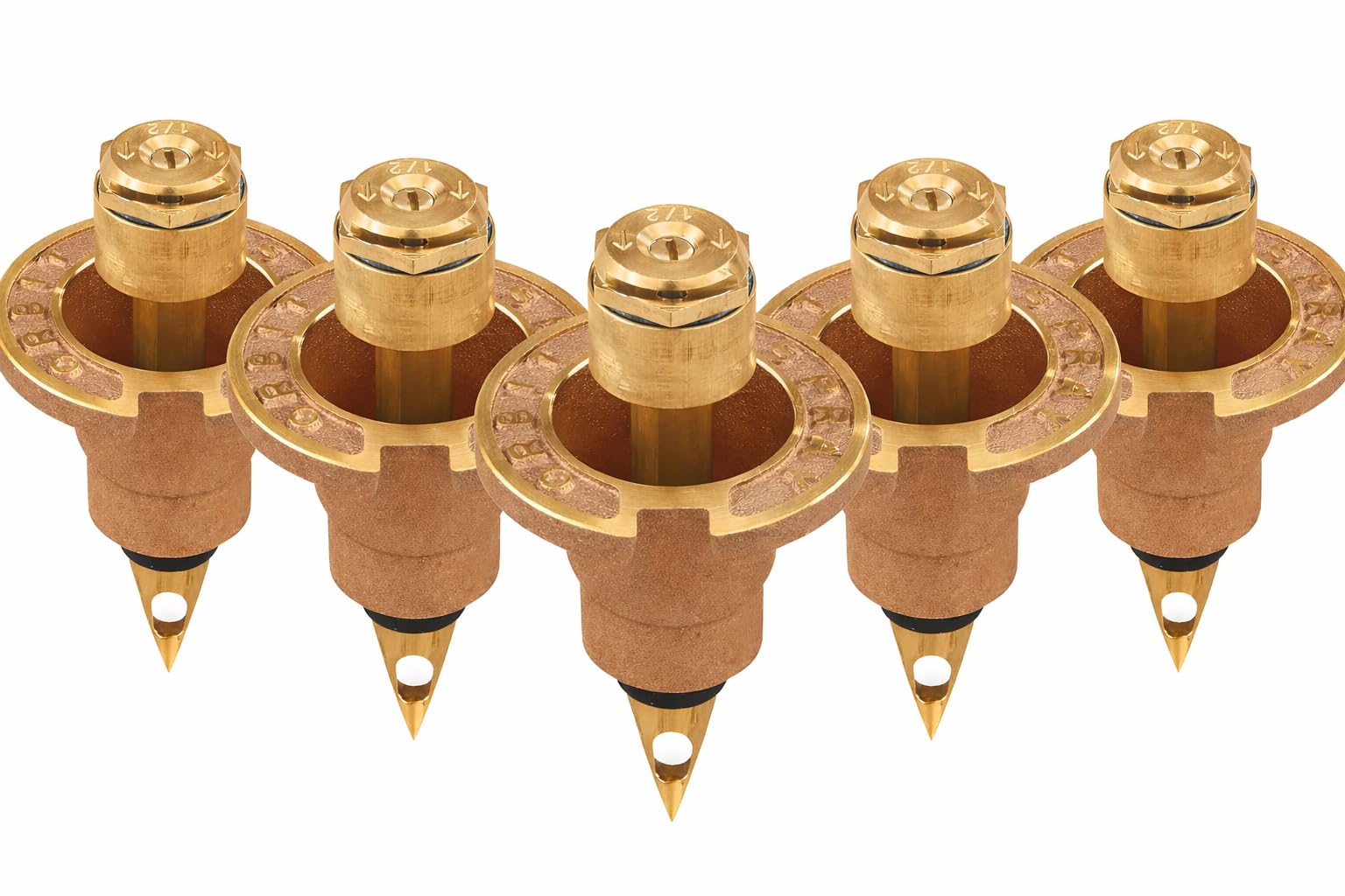 Orbit 54071 brass pop-up head front view for lawn coverage and easy maintenance.