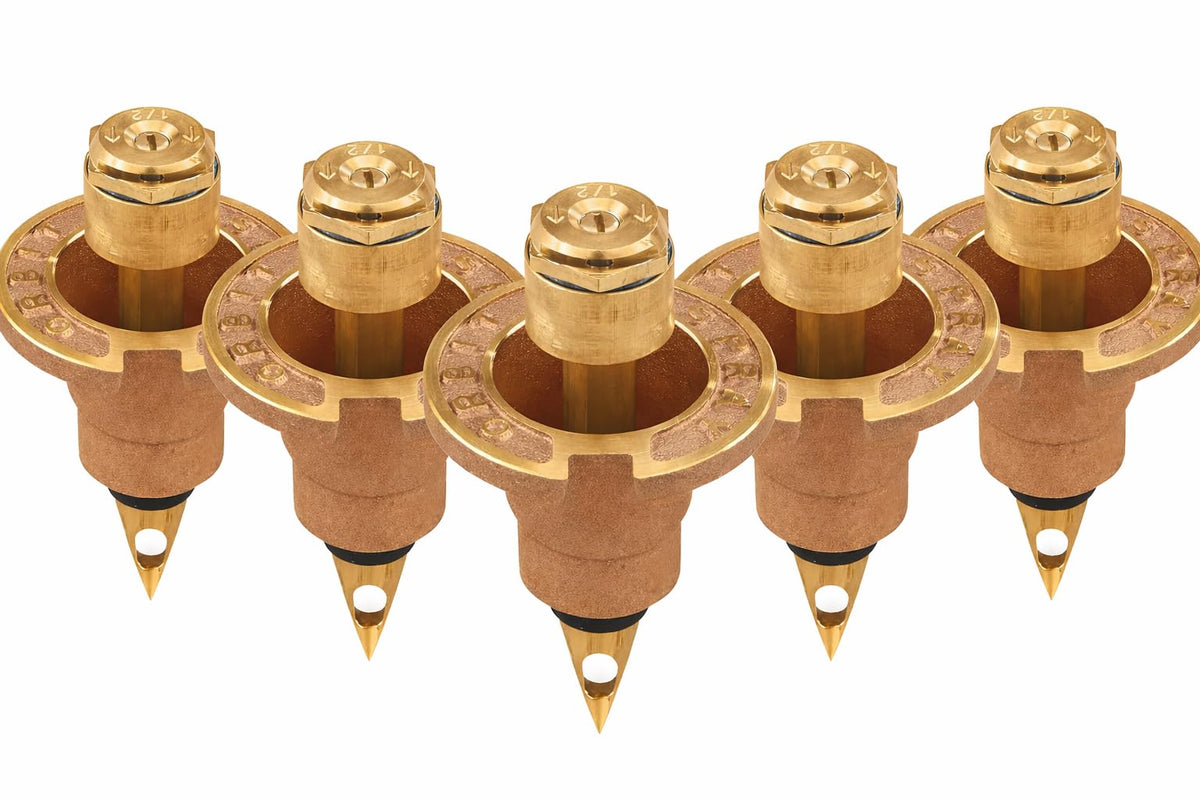 Orbit 54071 brass pop-up head front view for lawn coverage and easy maintenance.