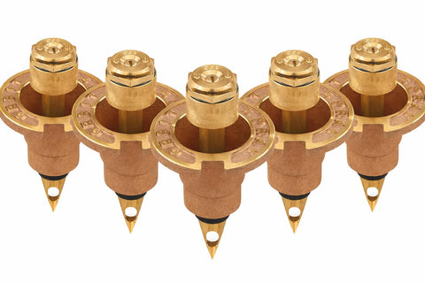 Orbit 54071 brass pop-up head front view for lawn coverage and easy maintenance.