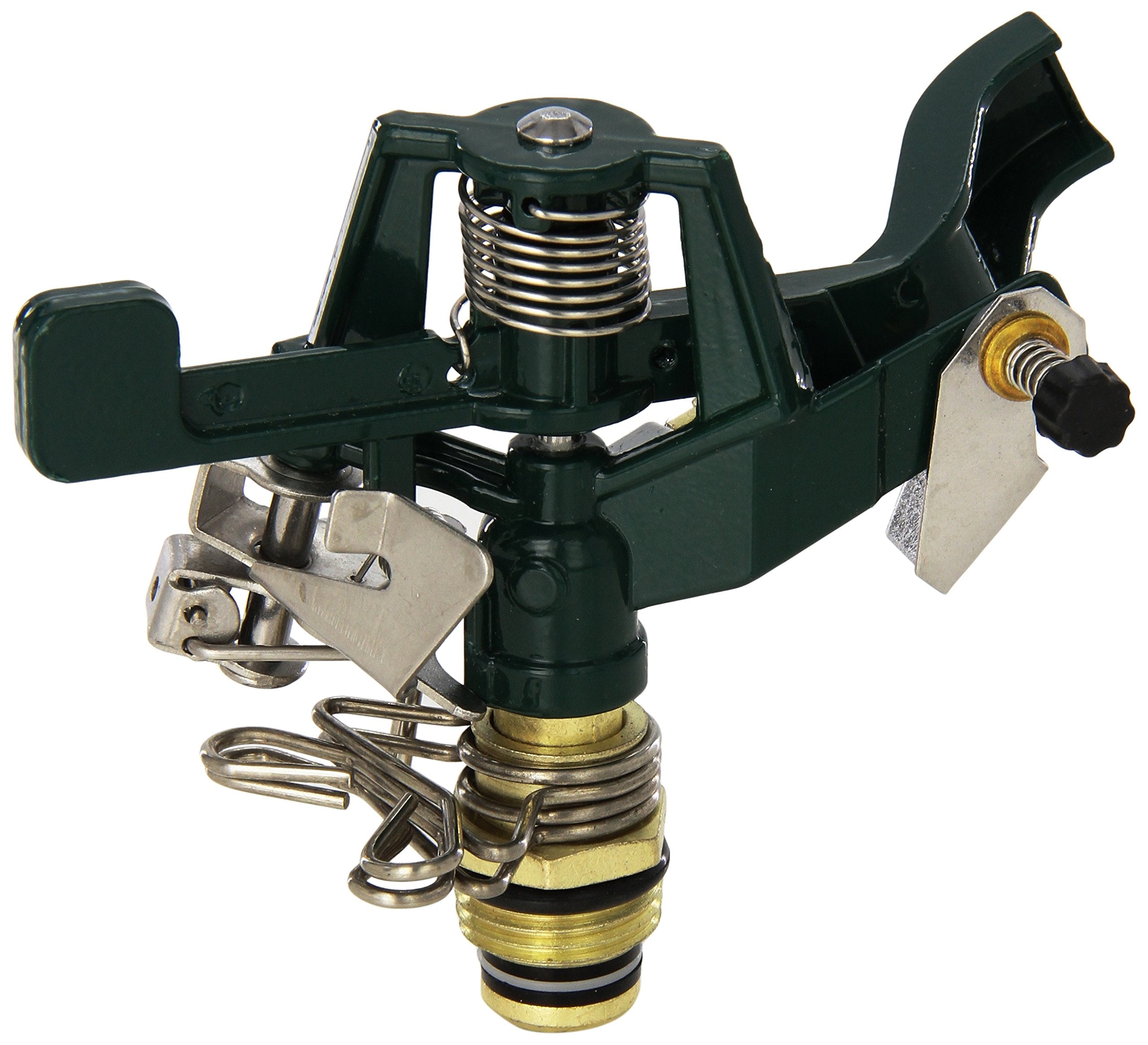 Orbit 55015 zinc impact sprinkler with adjustable partial to full circle coverage.