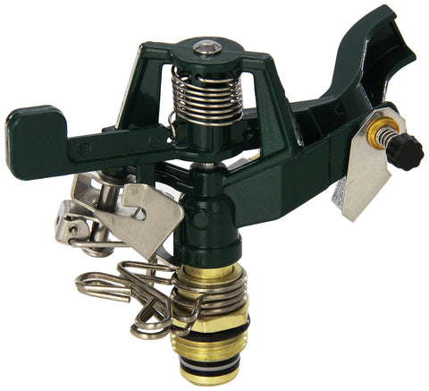 Orbit 55015 zinc impact sprinkler with adjustable partial to full circle coverage.