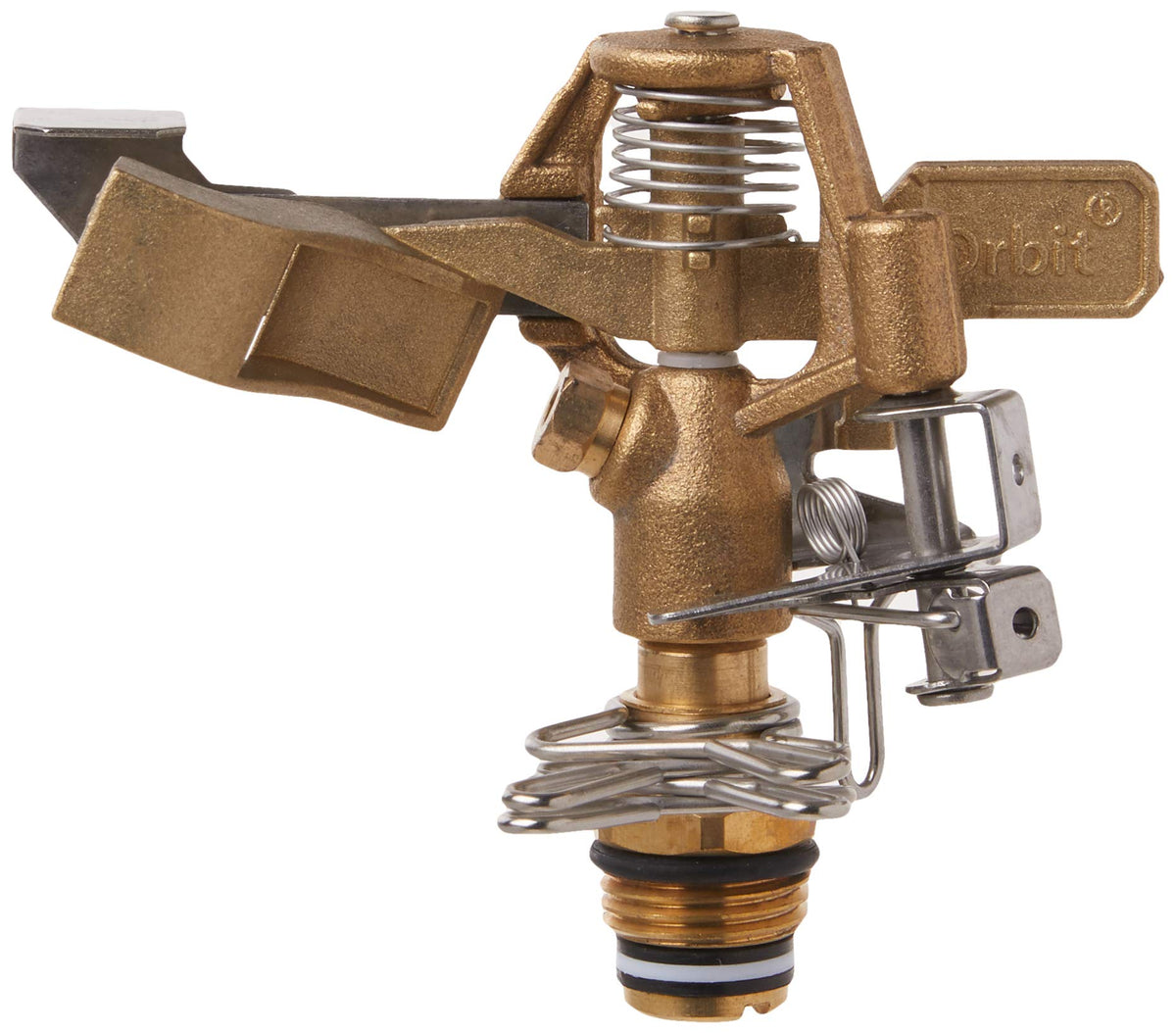 Orbit 55032 sprinkler head front view, showing wide 90 ft coverage for lawns.