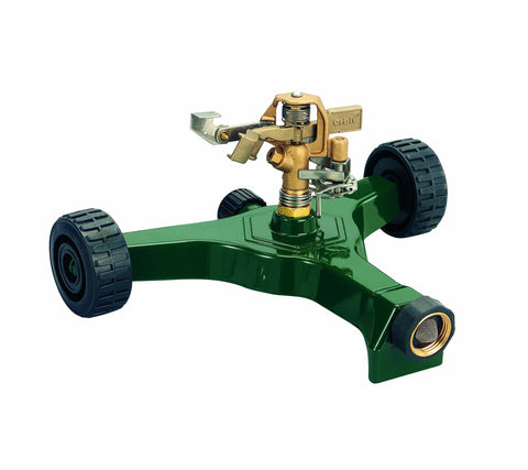 Orbit 56186N brass impact sprinkler with wheel base, easy to reposition across the lawn