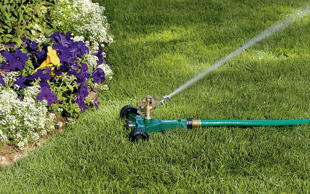 Orbit 56186N rotating sprinkler head delivers even coverage across the yard