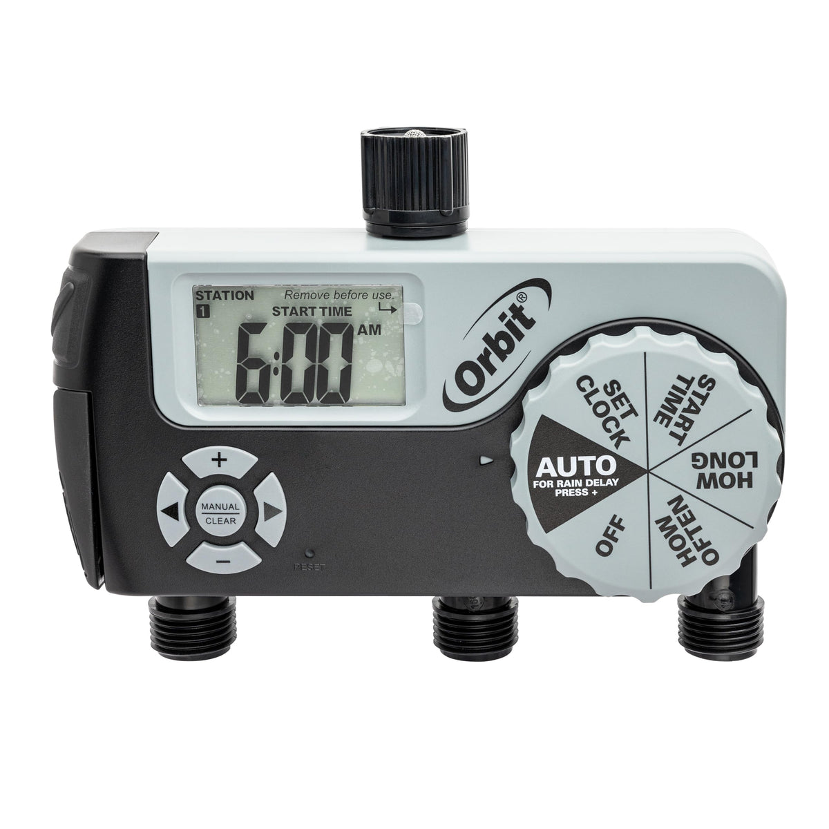 Orbit 56233D front view shows easy install and dial-based programming.