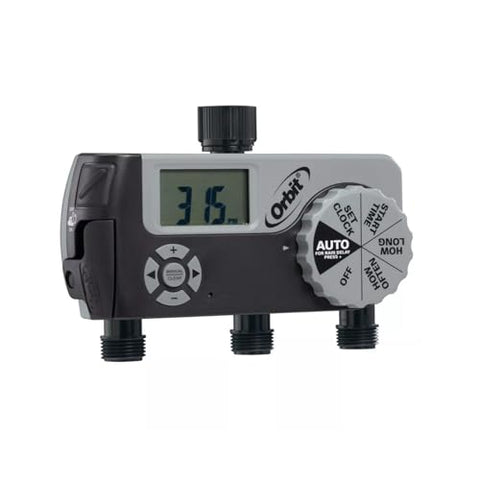 Orbit 56233D three-outlet programmable setup enables scheduled watering.