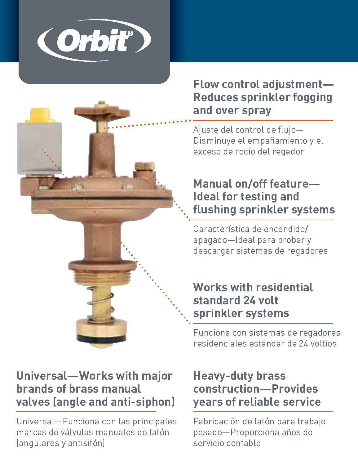 Orbit 57034 installation-friendly valve for easy screw-in replacement.