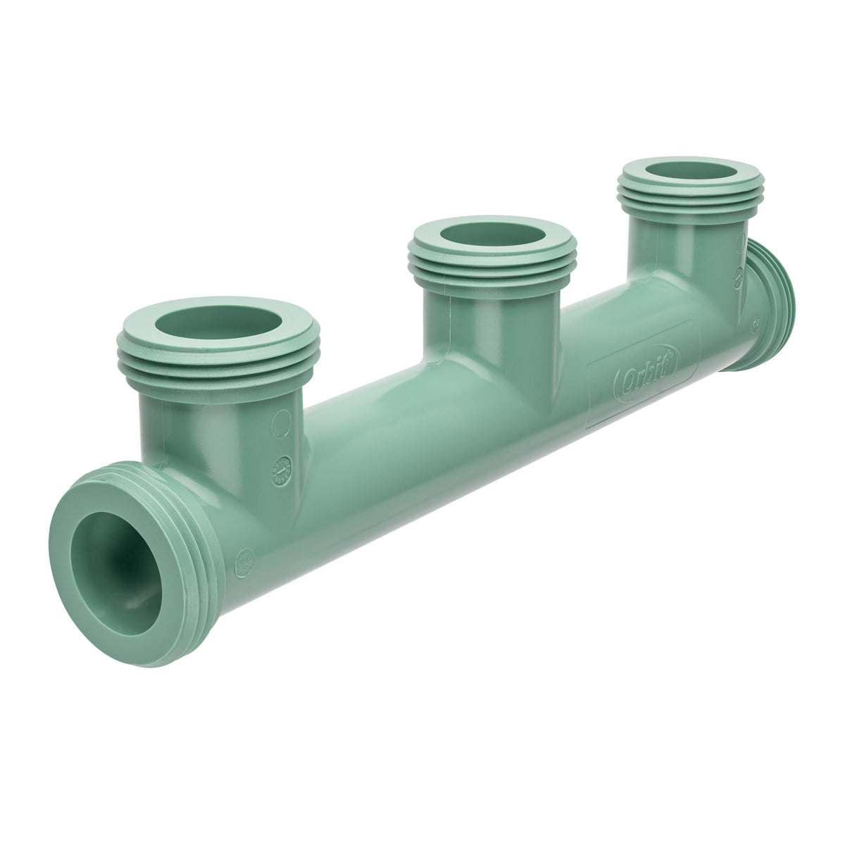 Orbit 57183 three-port manifold in use enables organized zone irrigation with ease.