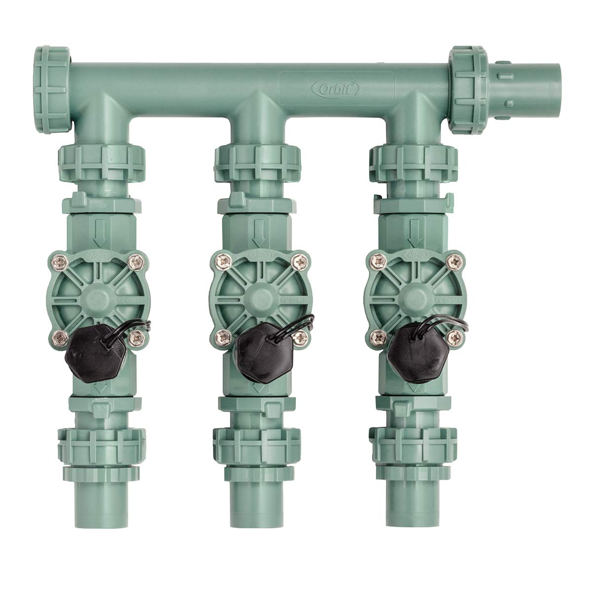 Orbit 57253 3-Valve manifold with swivel unions for secure, watertight seals in multi-zone irrigation