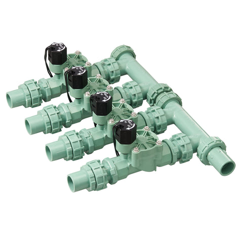 Orbit 57257 four-valve manifold enabling precise zone watering.