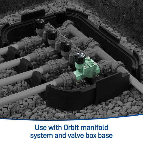 Orbit 57281 L-Series valve interior showing scrubber filter to reduce clogs.