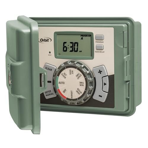 Orbit 57900 locking door close-up highlights secure outdoor timer mounting
