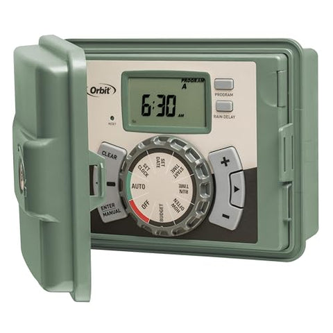 Orbit 57900 locking door close-up highlights secure outdoor timer mounting