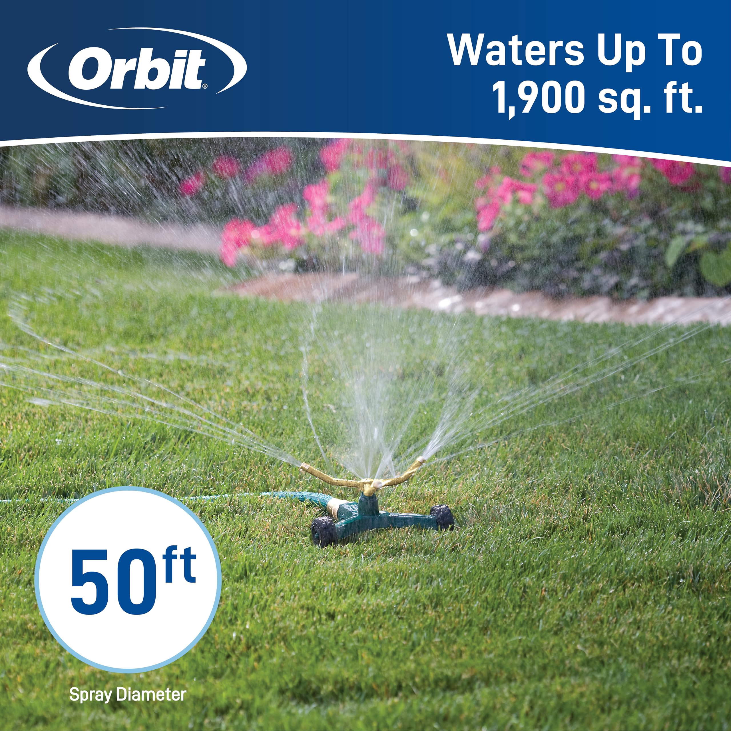 Orbit 58257N smooth rolling base helps position sprinkler precisely.