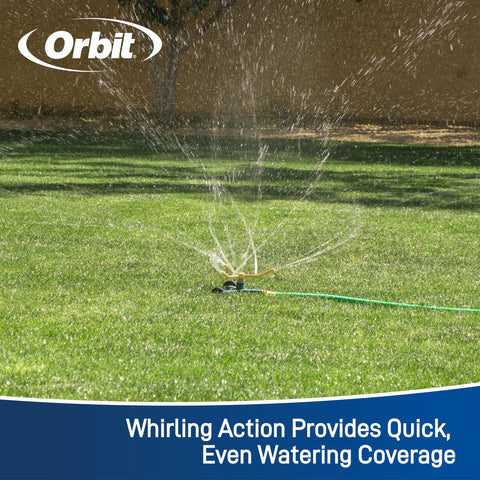Orbit 58257N wheel-base sprinkler enables easy movement across the lawn.