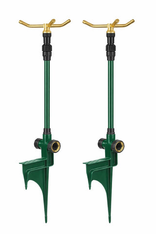 Orbit 58288 two-pack base assembly showing stable ground setup for versatile watering