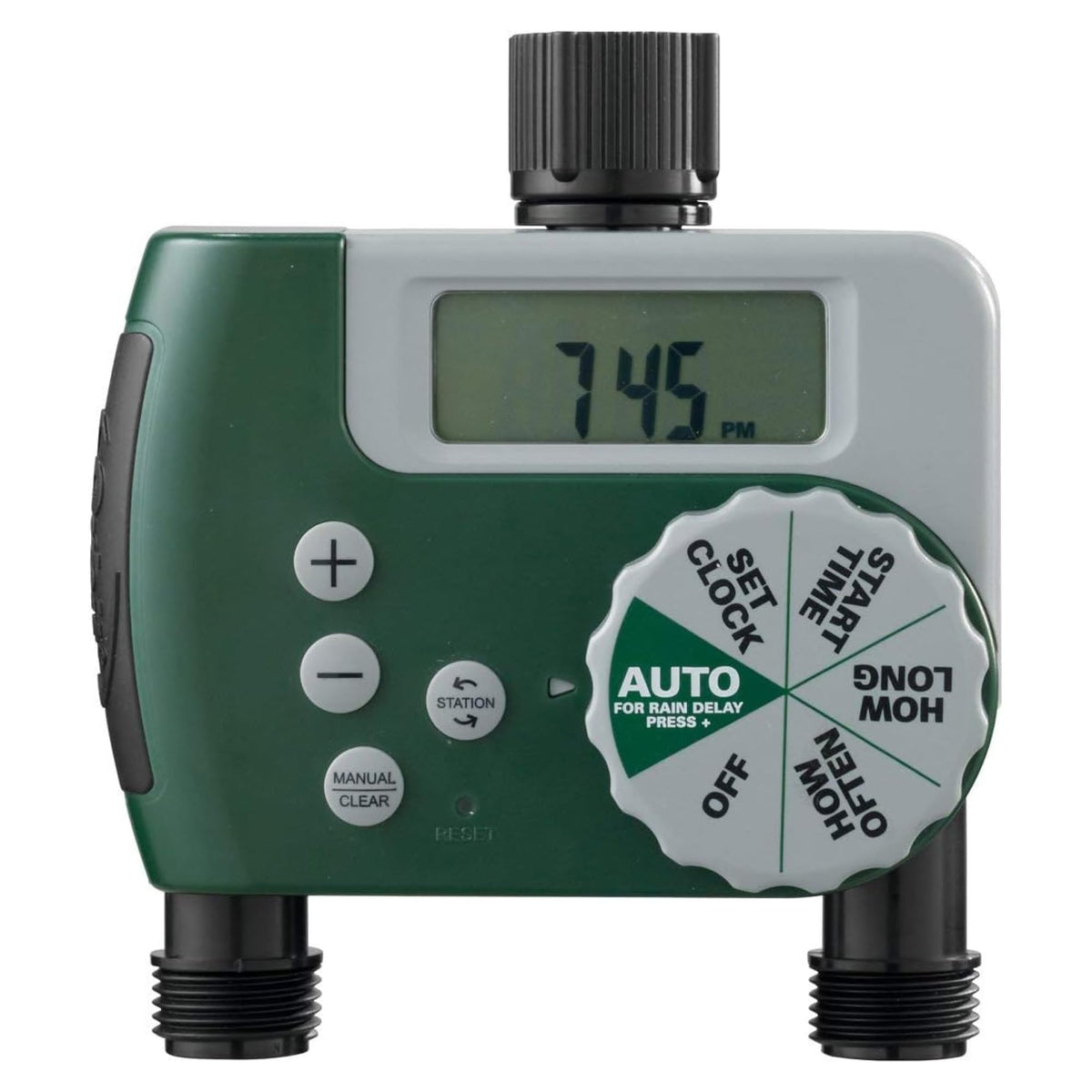 Orbit 58910 dial front view for easy scheduling of garden watering.