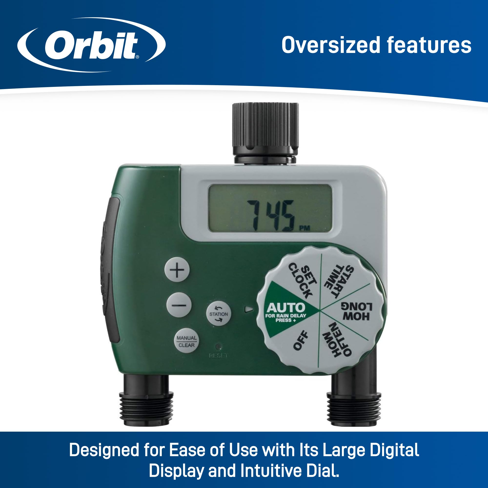 Orbit 58910 LCD display enables quick start time and duration setup.