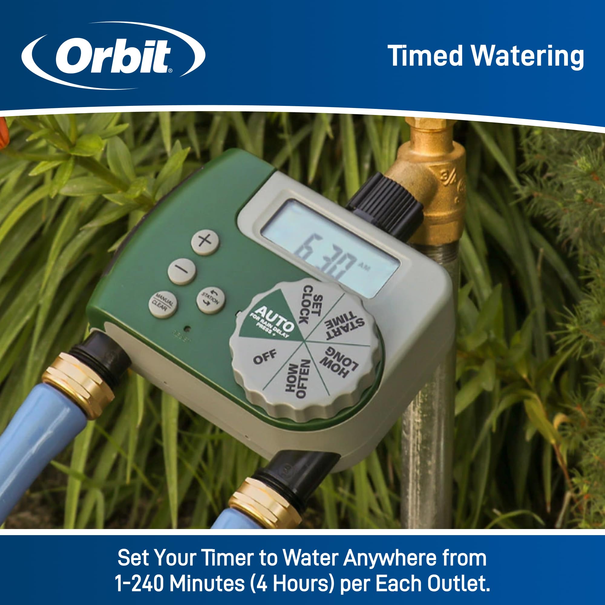 Orbit 58910 rain delay feature helps conserve water on rainy days.