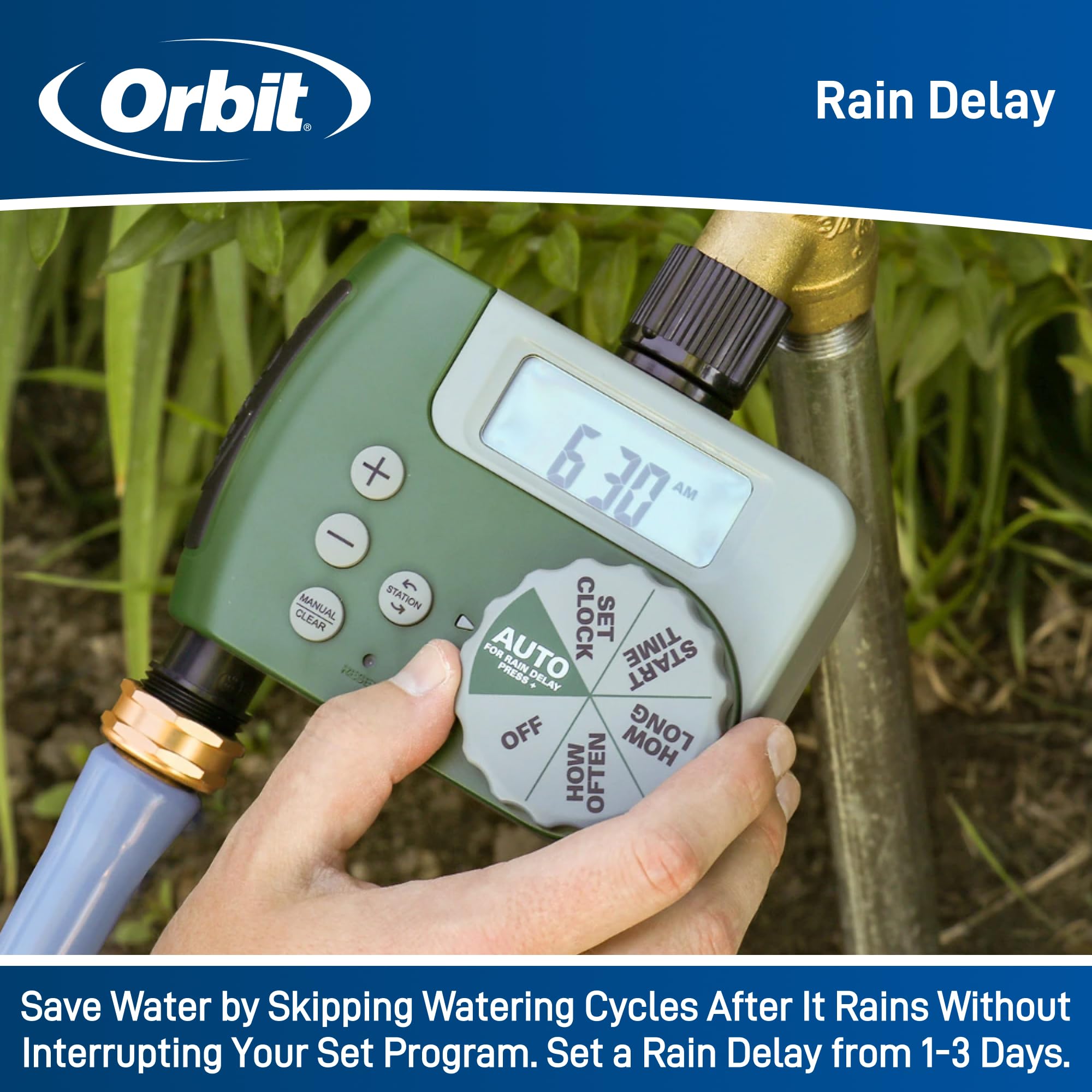 Orbit 58910 two-outlet design supports multiple hoses for coordinated watering.