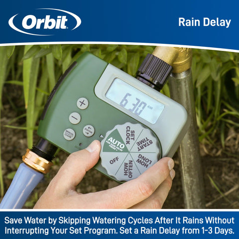 Orbit 58910 two-outlet design supports multiple hoses for coordinated watering.