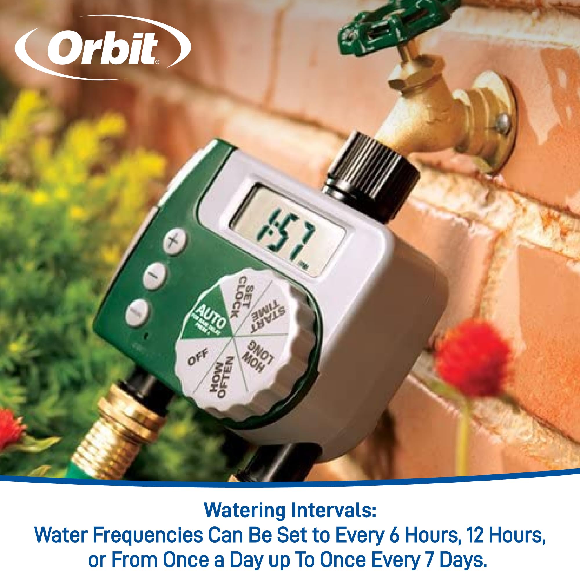 Orbit 58910 waterproof housing protects timer in rain and sun.
