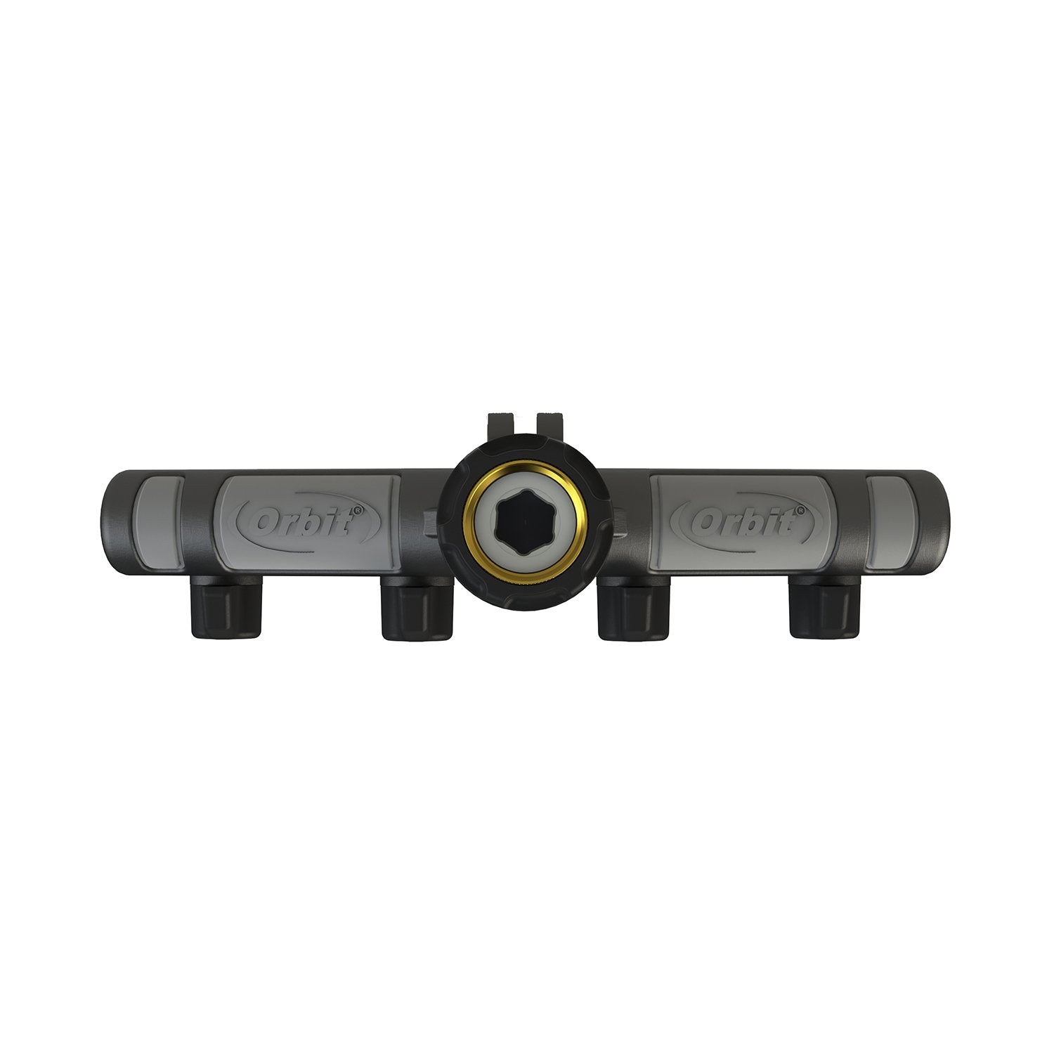 Orbit 58970 flow-control close-up shows individual shut-offs for precise watering.