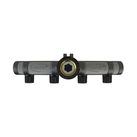 Orbit 58970 flow-control close-up shows individual shut-offs for precise watering.