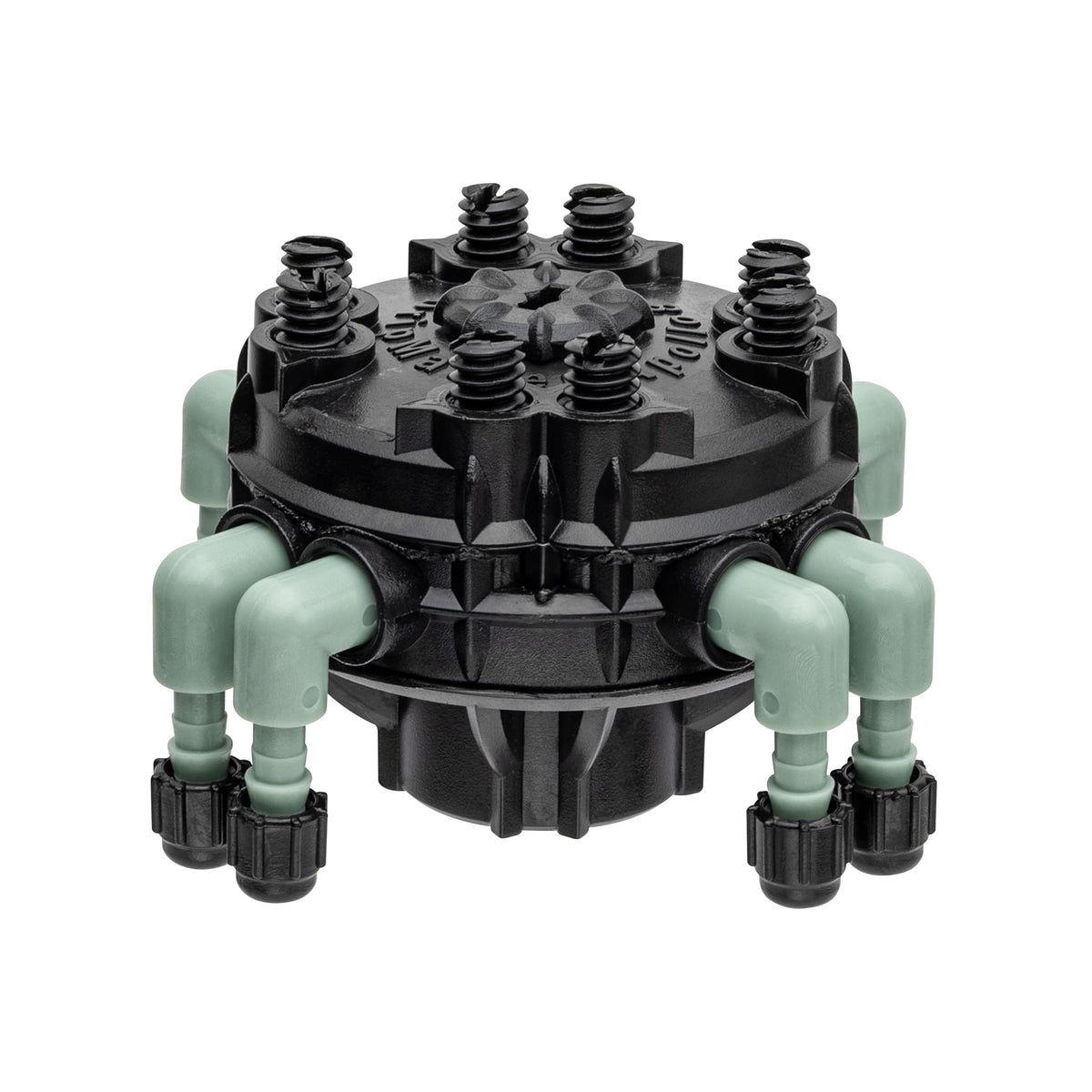 Orbit 61008P manifold front view with eight adjustable outlets for precise watering.
