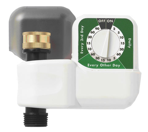 Orbit 62024 single-dial hose timer on outdoor faucet enables effortless scheduled watering and water savings.