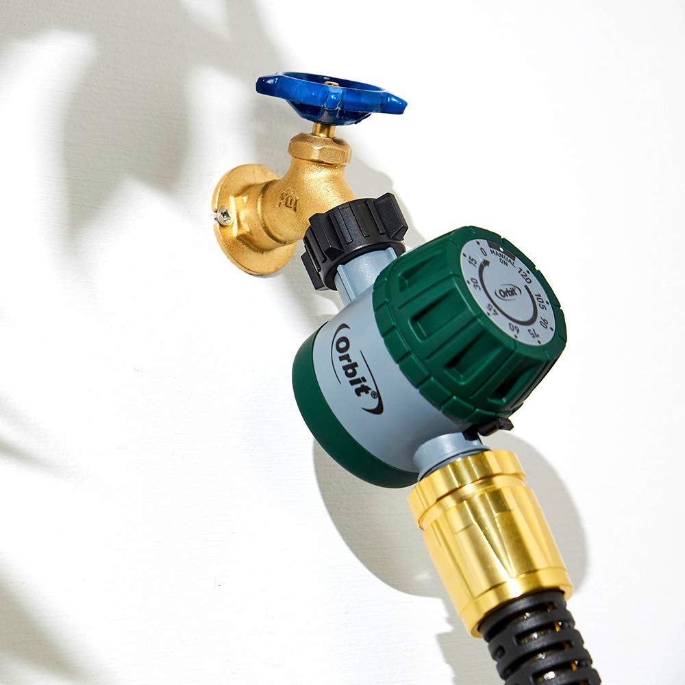 Orbit 62034 green body with hose connection demonstrates simple setup
