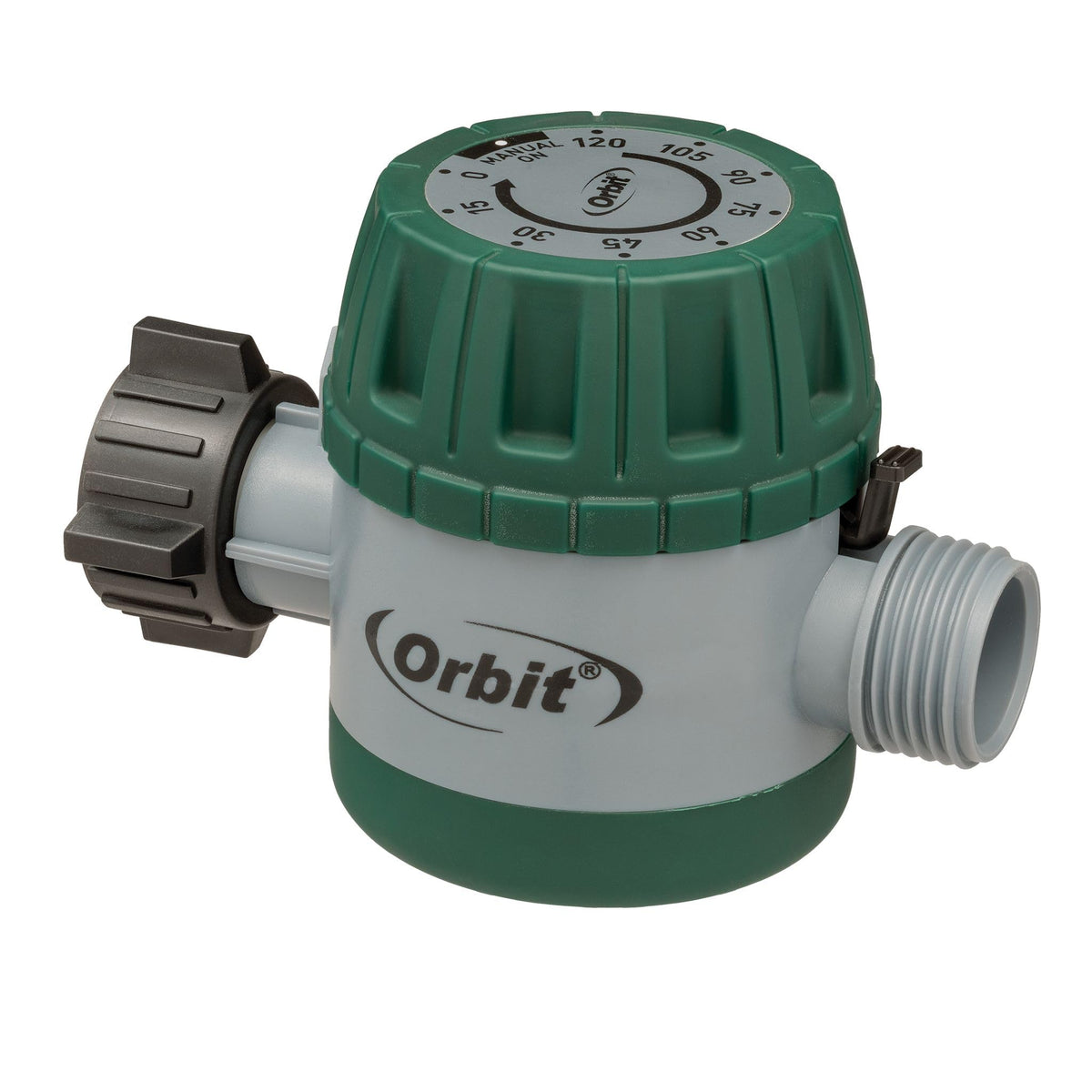 Orbit 62034 mechanical timer front view with battery-free operation for hose watering