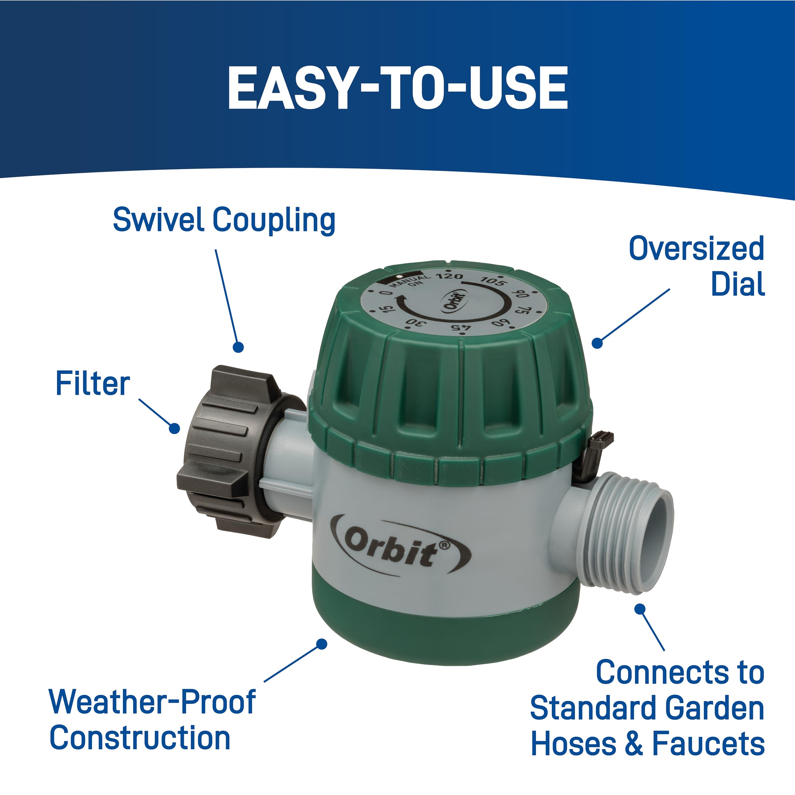 Orbit 62034 outdoor installation shown on garden faucet in sunlight