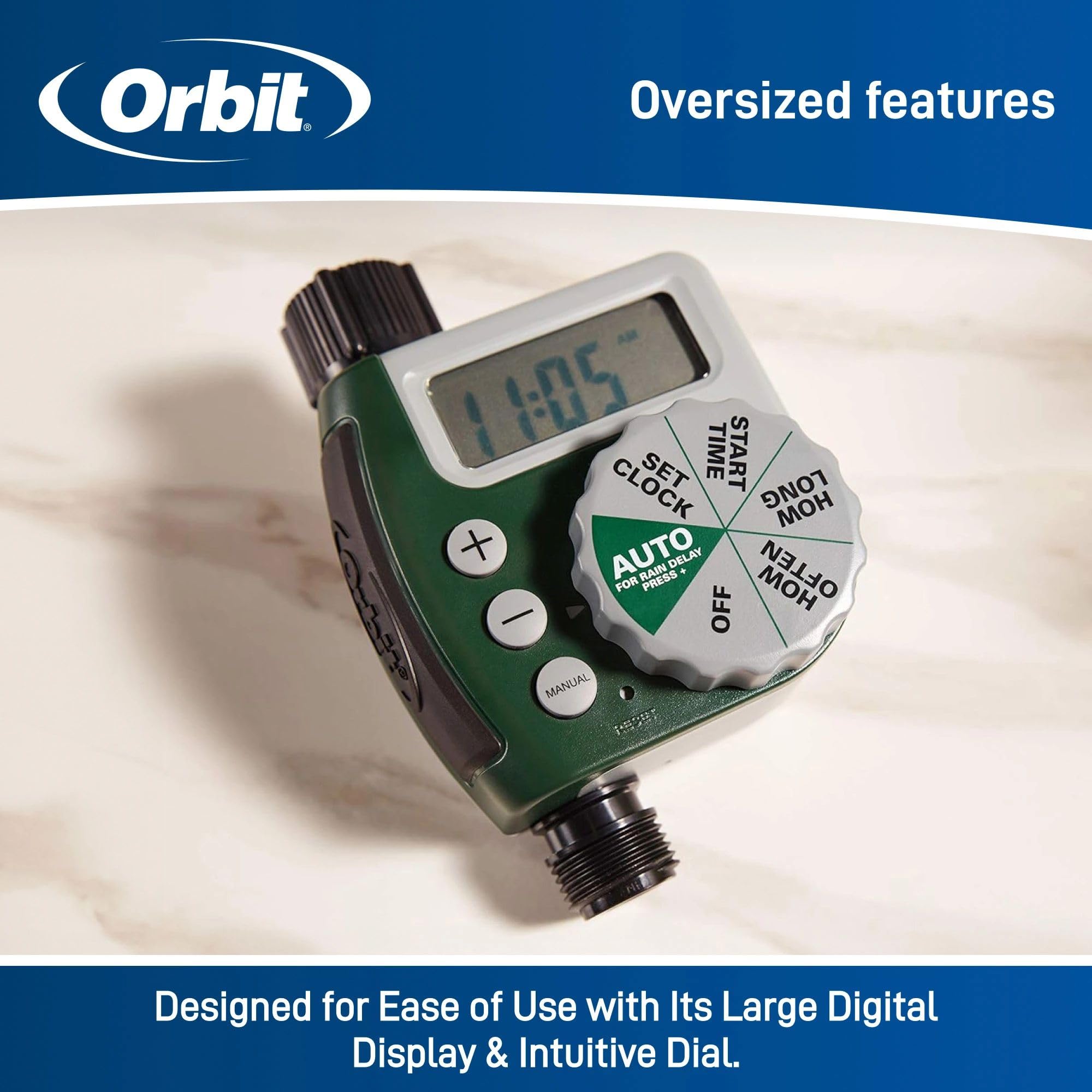 Orbit 62067 1-outlet programmable timer enables precise watering.