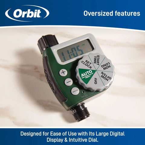 Orbit 62067 1-outlet programmable timer enables precise watering.