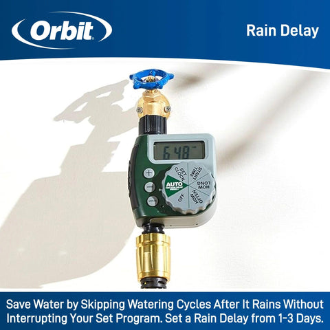 Orbit 62067 rain delay pauses watering for weather adaptation.