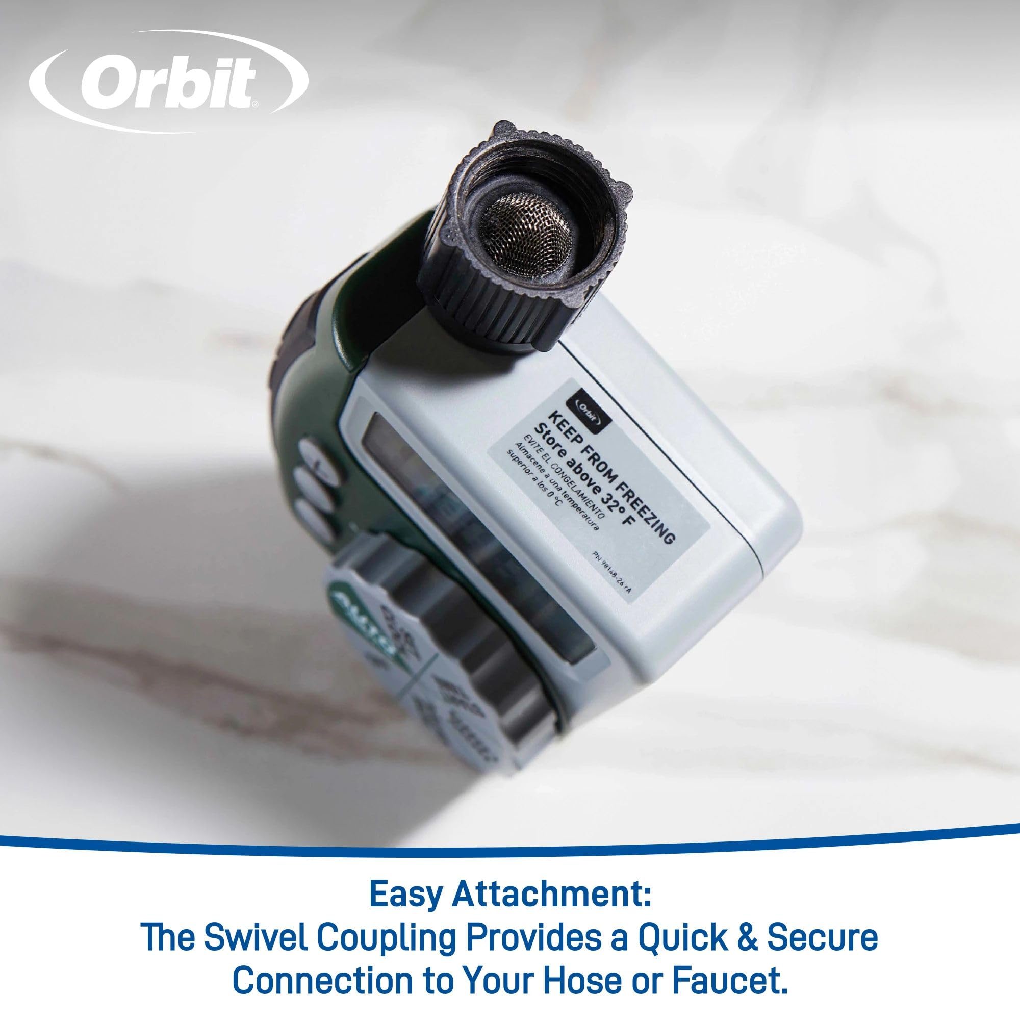 Orbit 62067 timer helps conserve water with scheduled irrigation.